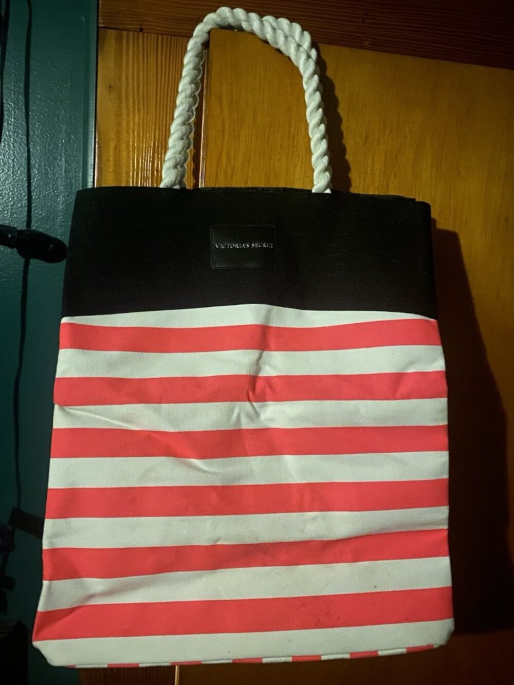 Victoria's Secret Large Beach Bag Tote Bag Pink White Stripe Rope Handles